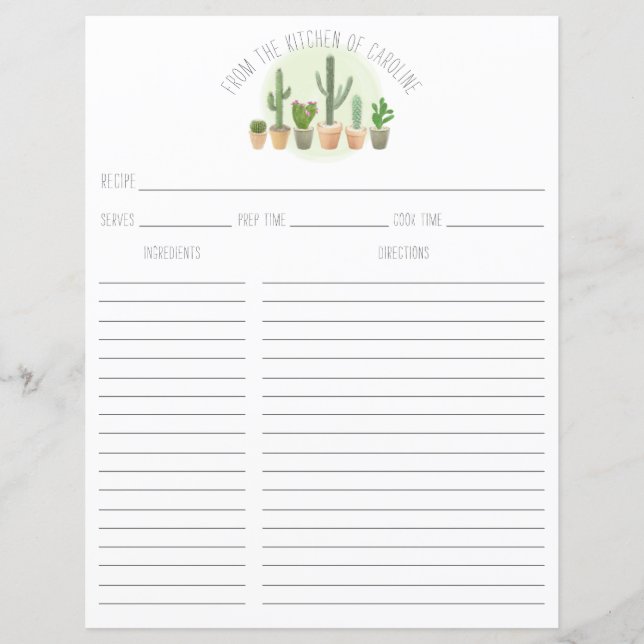 Cactus Plantas Suculentas Tarjeta de Receta Insert (Anverso)