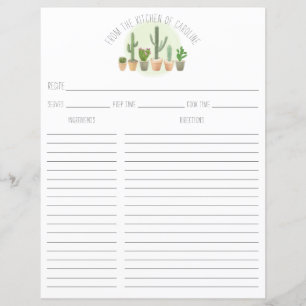 Cactus Plantas Suculentas Tarjeta de Receta Insert