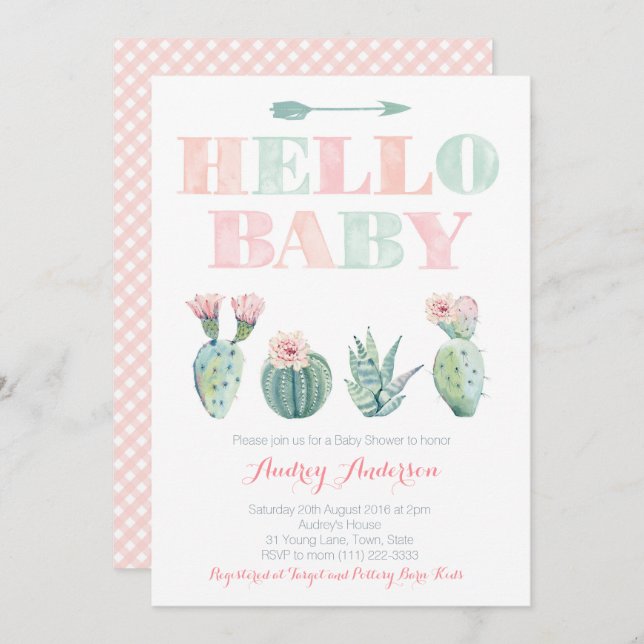 Cactus Pricky Pear Tarjetas Baby Shower Verde Rosa (Anverso / Reverso)