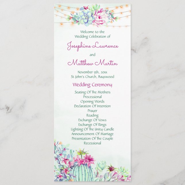 Cactus Suculents String Lights Programas de Boda (Anverso)