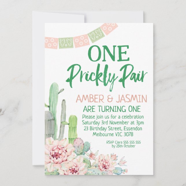 Cactus Twins One Pricky Pair Birday Invitación (Anverso)