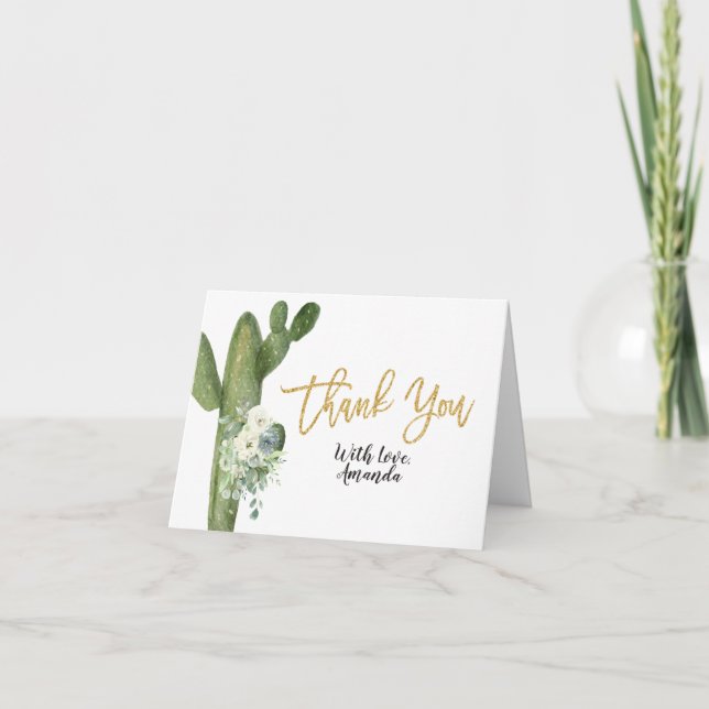 Cactus White Floral Bridal Shower Gracias tarjeta (Anverso)
