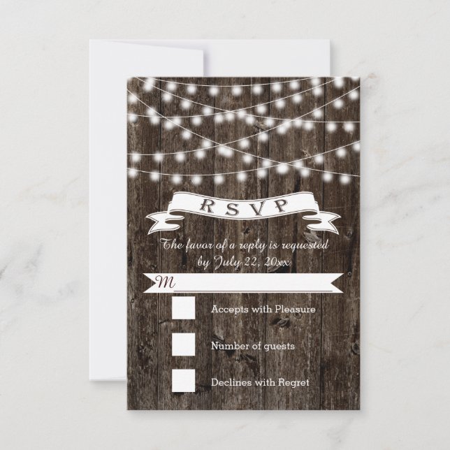 Cadena de luces en la boda de madera y banner RSVP (Anverso)