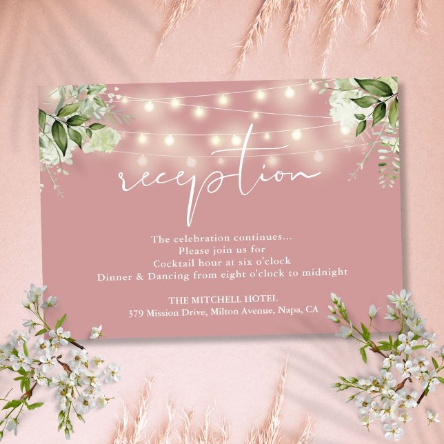 Cadenas Rosas agitadas iluminan recepción de boda  (Dusty Rose String Lights Floral Wedding Reception Enclosure Card)