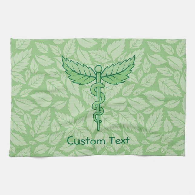 Caduceo con toalla de fondo de hojas (Horizontal)