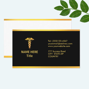 Caduceo de oro en tarjetas de negocios médicas neg