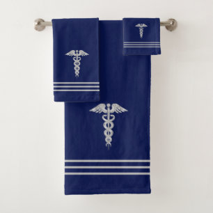 Caduceo de plata y rayas en azul marino