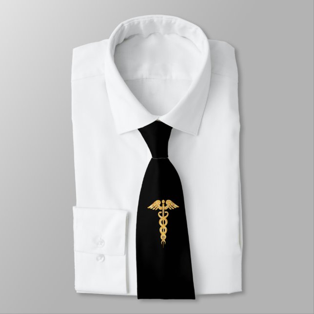 Caduceo dorado médico en corbata negra (Atado)