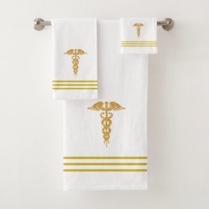 Caduceo dorado y rayas sobre blanco