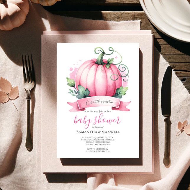 Cae Bebé Invitaciones A La Ducha Pequeña Chica De  (Fall baby shower invitations watercolor pink pumpkin theme for a girl event Victoria Grigaliunas)