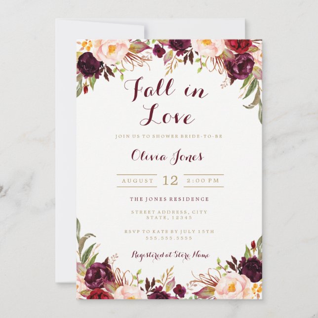 Cae enamorada tarjeta de ducha de novia floral bor (Anverso)