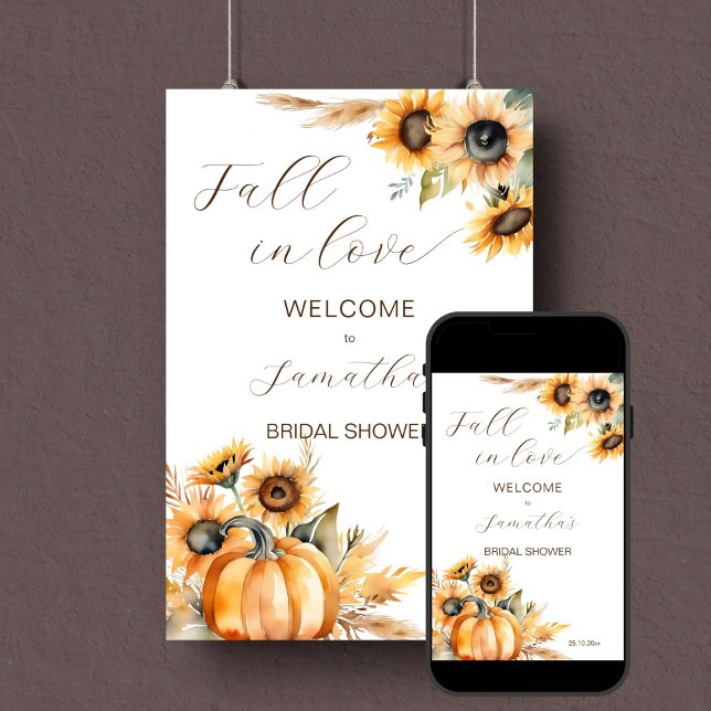 Caer en el amor boho calabaza girasoles señal de b (Fall in love boho sunflowers pumpkin bridal shower welcome sign)
