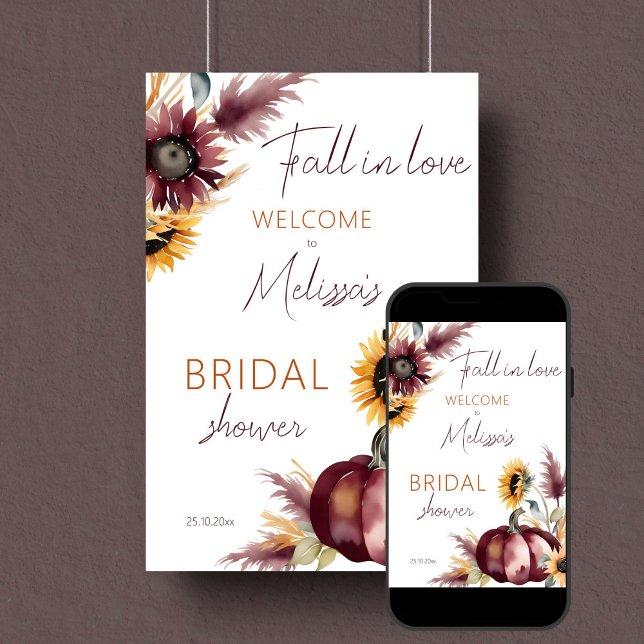 Caer en el amor boho calabaza girasoles señal de b (Fall in love boho pumpkin sunflowers bridal shower template welcome sign poster digital download)