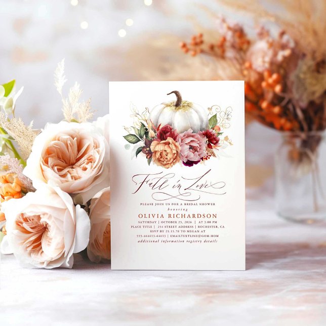 Caer en el amor Invitación a la ducha de novia (Fall in Love Bridal Shower Invitations with the White Pumpkin and Vibrant Flowers)