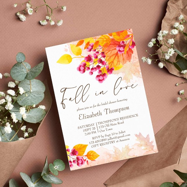 Caer enamorado del follaje otoñal Invitación a la  (Fall in love autumn bridal shower invitation template watercolor foliage berries instant download)