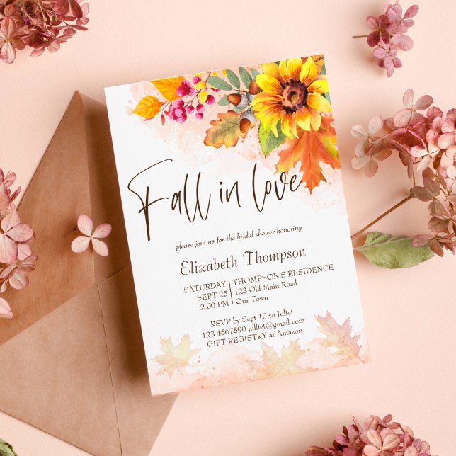 Caer enamorado del follaje otoñal Invitación a la  (Fall in love autumn foliage watercolor sunflower bridal shower invitation template instant download)