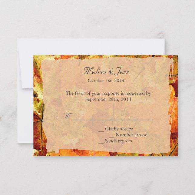 Caer hojas coloridas invitaciones de boda RSVP. (Anverso)