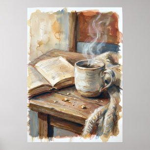 Café Acogedor y Póster de Acuarela de Libro Hygg