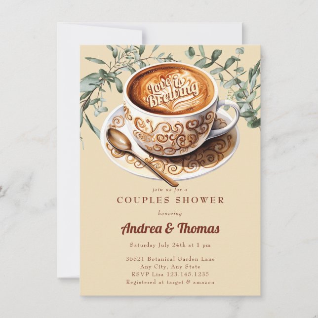 Café acuarela | Invitación a la ducha de pareja (Anverso)