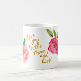 Café Ámele a la taza floral de la luna y de la parte