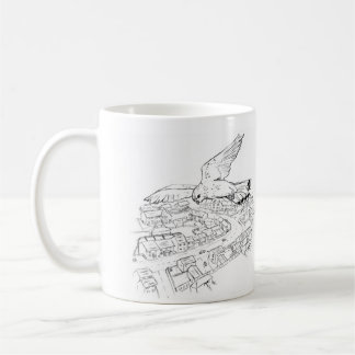 Café Cernícalo sobre la taza de la ciudad