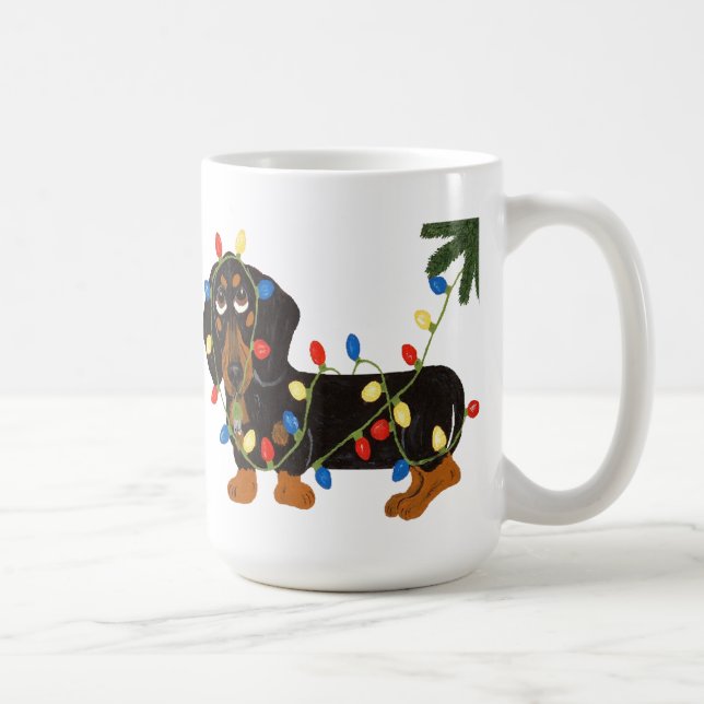 Café Dachshund enredado en taza de las luces de navidad (Derecha)