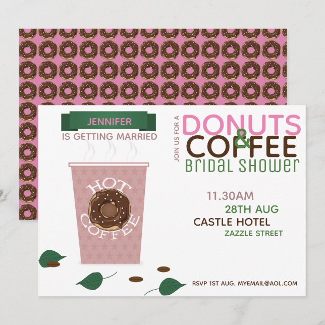 CAFÉ DONUTS Bridal Ducha Invitación Verde Rosa (Anverso / Reverso)