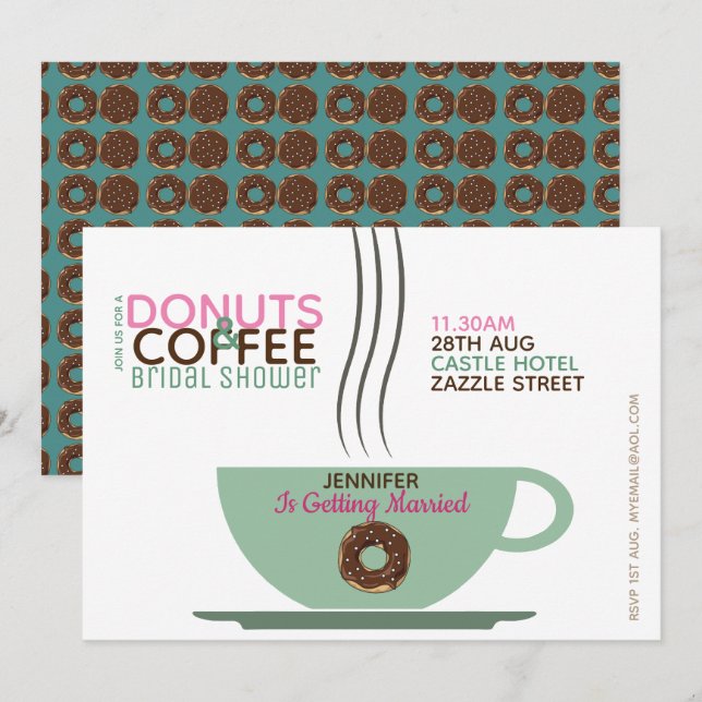 CAFÉ DONUTS Bridal Shower Invitación Turq Rosa (Anverso / Reverso)