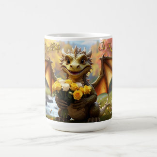 Café Dragón con rosas amarillas. Taza de 15 onzas