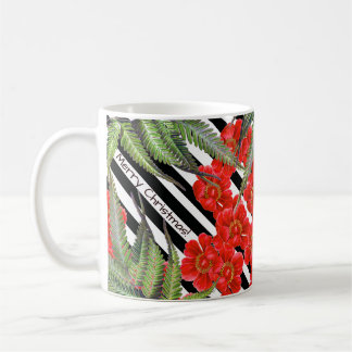 Café El Peony rojo subió florece la taza rayada de las