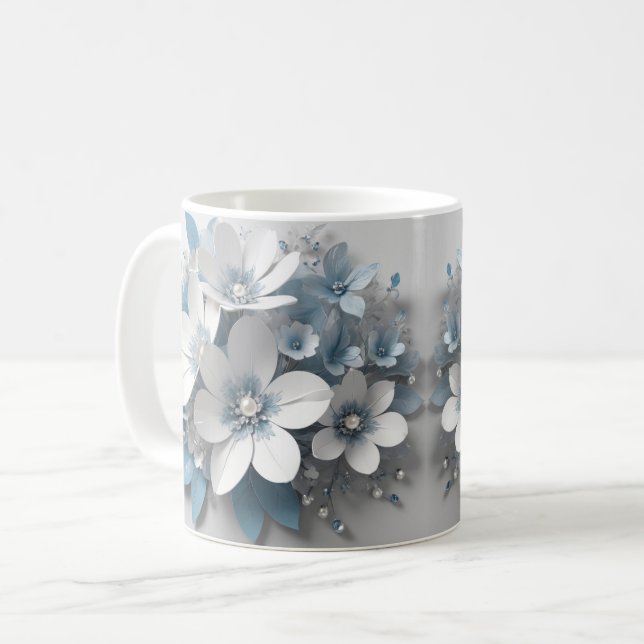 Café envoltura de taza con flores blancas 3d, envoltura (Anverso izquierdo)