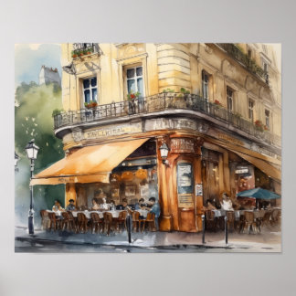 Café francés Watercolor Paisaje Arte Imprimir Post