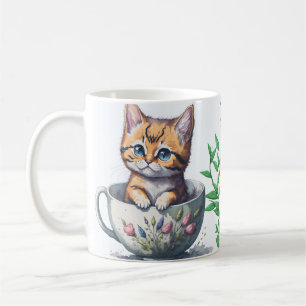 Café Gato acuarela o gatito en una taza de té