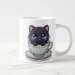 Café Gigante Gato negro Kawaii lindo en taza de té floral vinta