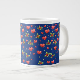 Café Gigante Taza Corazones y Acebo de Navidad Azul
