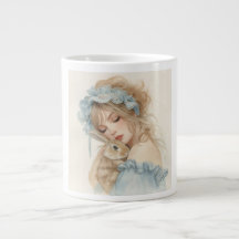 Taza de niña abrazando conejo lindo