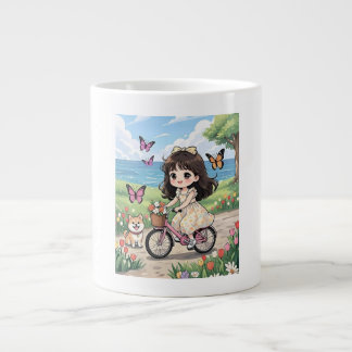 Café Gigante Taza de niña estética en bicicleta en un hermoso j