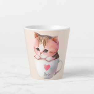 Café Latte Gato blanco-rosado en una taza de té (2)