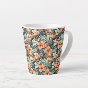 Café Latte Taza de cerámica con estampado de hibisco tropical
