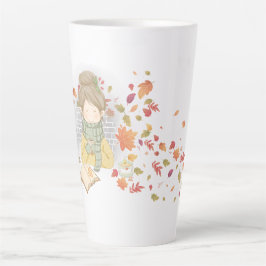 Café Latte Un Chica Con Una Taza De Té Y Hojas Voladoras
