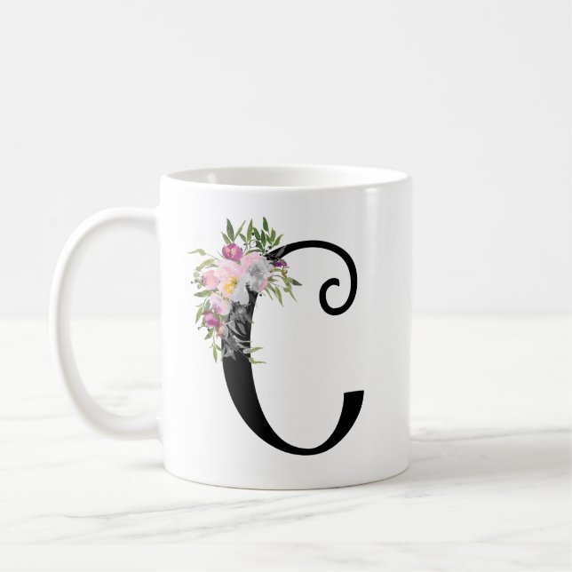 Café Letra floral C, taza de la acuarela del arte del (Izquierda)