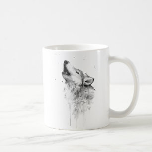 Café Lobo gris en taza de pintura acuarela
