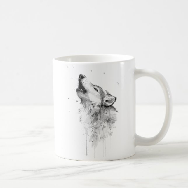 Café Lobo gris en taza de pintura acuarela (Derecha)