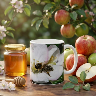 Café Macro Foto de Flor de Manzano y Abeja | Taza