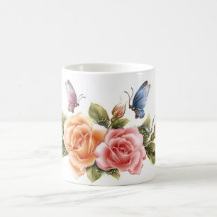 Café mariposa y taza bonita de los rosas - la mariposa