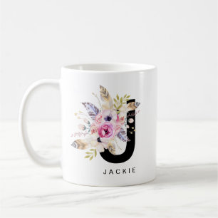 Café Monograma Boho Acuarela de la taza del alfabeto de