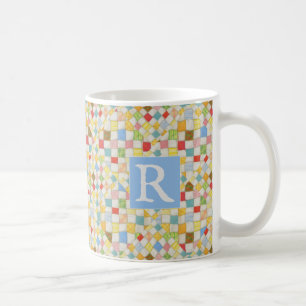 Café MOSAICO DE COLCHA Taza Blanca + Texto / Azul