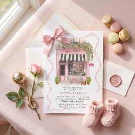 Café parisino Bonjour Bebe Lazo Rosa Invitaciones 