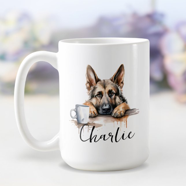 Café Pastor alemán con taza de café, perro con actitud (Subido por el creador)
