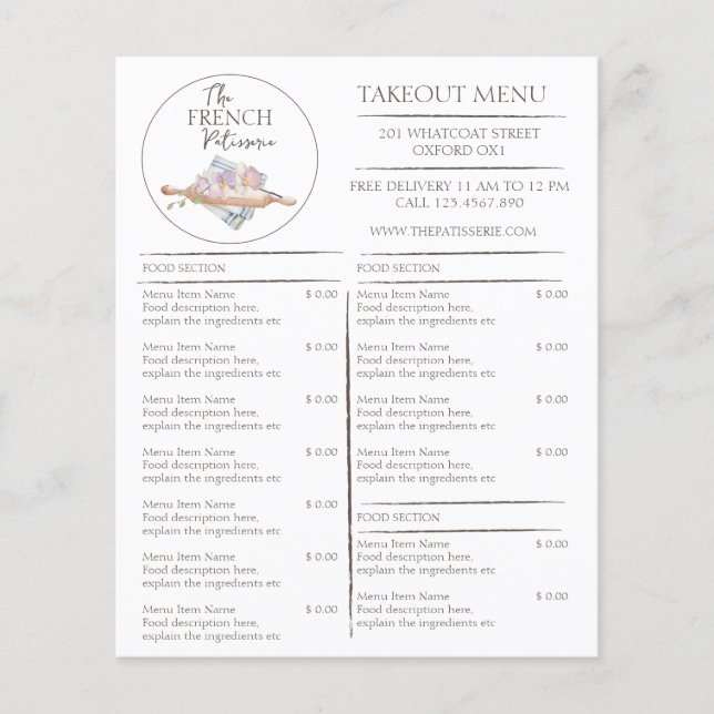Cafe Patisserie Panadería Menú de compras (Anverso)